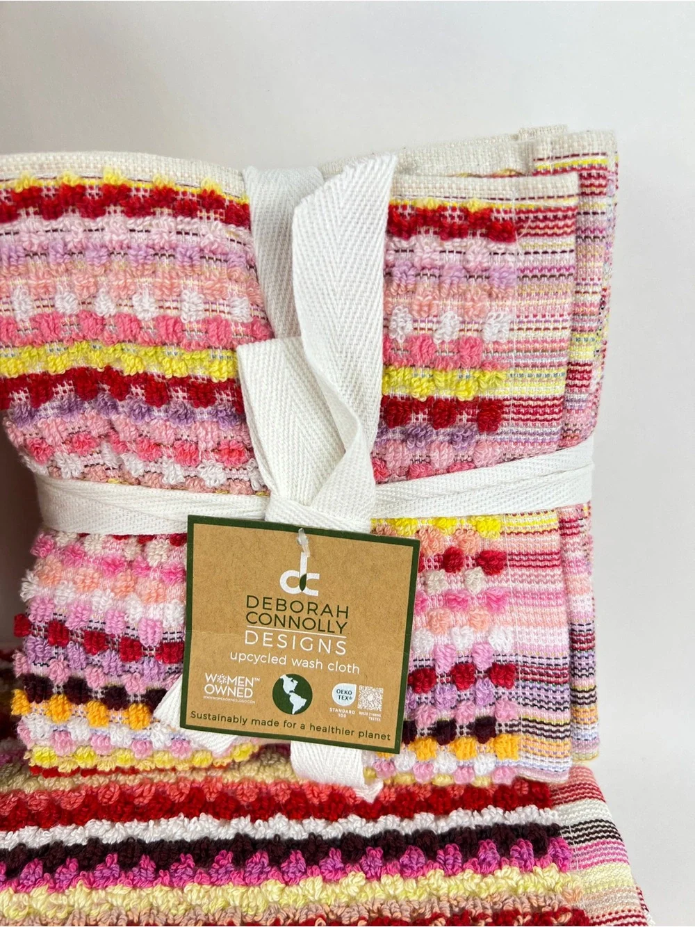 Deborah Connolly Bath Towel Set Pink Red Multicolor Striped Cotton 2 Pc Set NEW